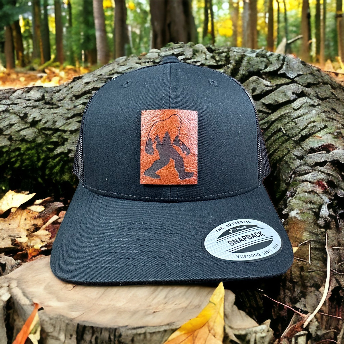 Bigfoot Forest Leather Patch Hat – Sasquatch Outdoors Cap, Gift for Dad, Cryptid Hunter Trucker Hat, Free Shipping