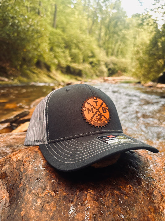 Mountain Bike Leather Patch Hat – Richardson 112 Trucker Cap – MTB Gift for Dad or Trail Rider