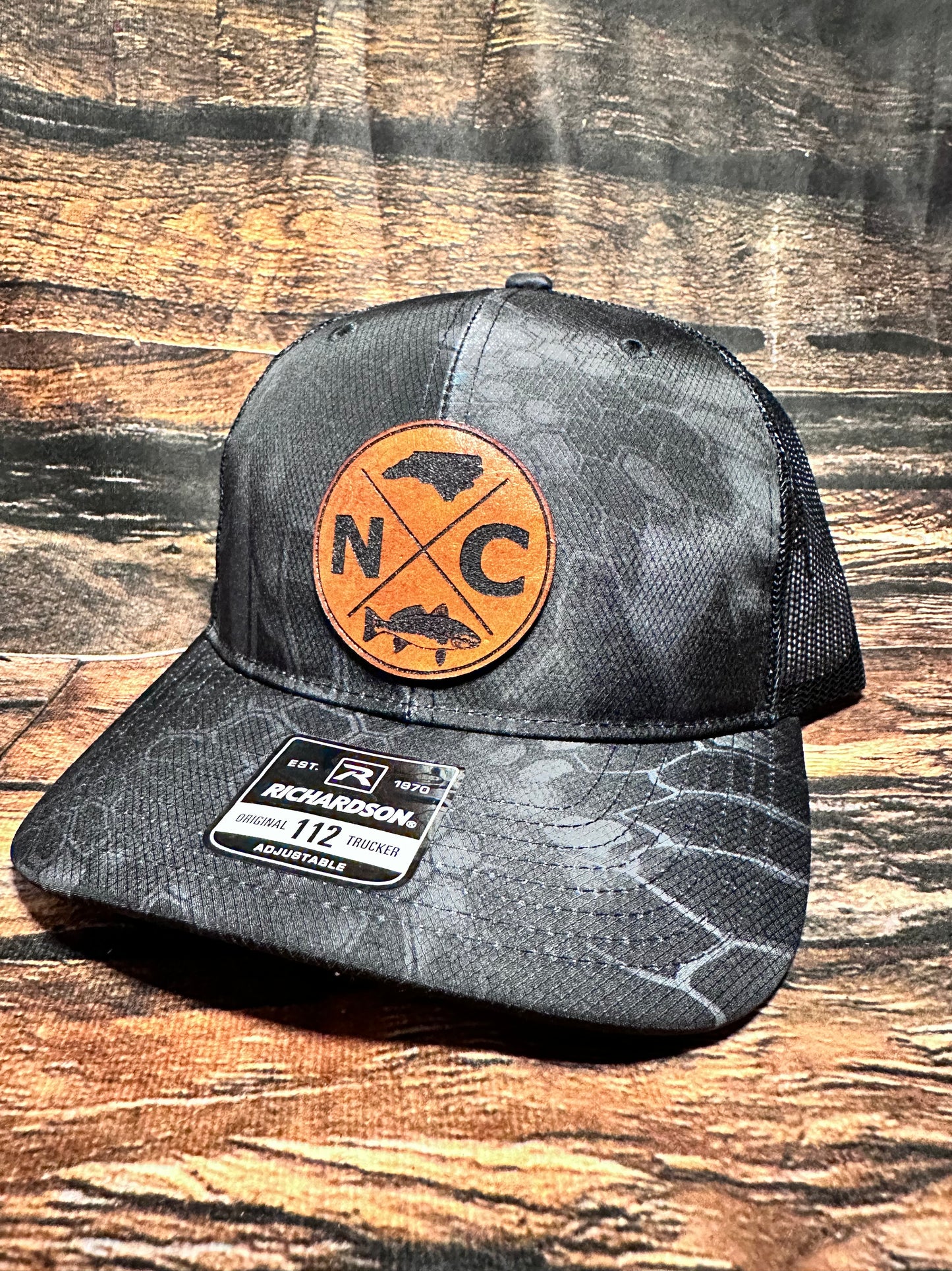 North Carolina Red Drum Leather Patch Trucker Hat / Gift For Dad / Christmas Gift ideas / FREE SHIPPING