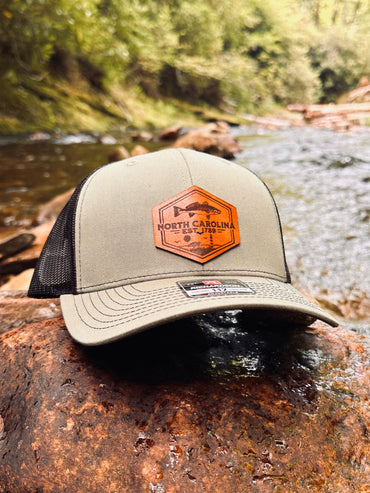 North Carolina Red Drum Leather Patch Hat – Bull Red Fish Trucker Cap | Gift for dad | Coastal NC Fishing Gift for Dad