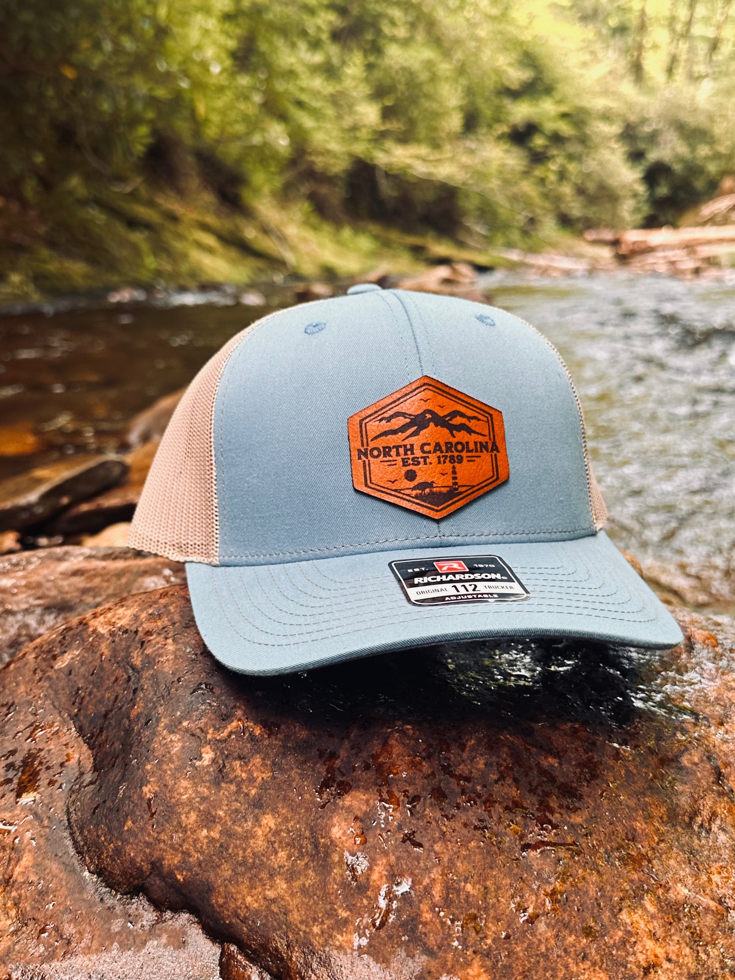 North Carolina Leather Patch Hat – Laser Engraved Genuine Leather North Carolina Trucker Cap / Gift for dad