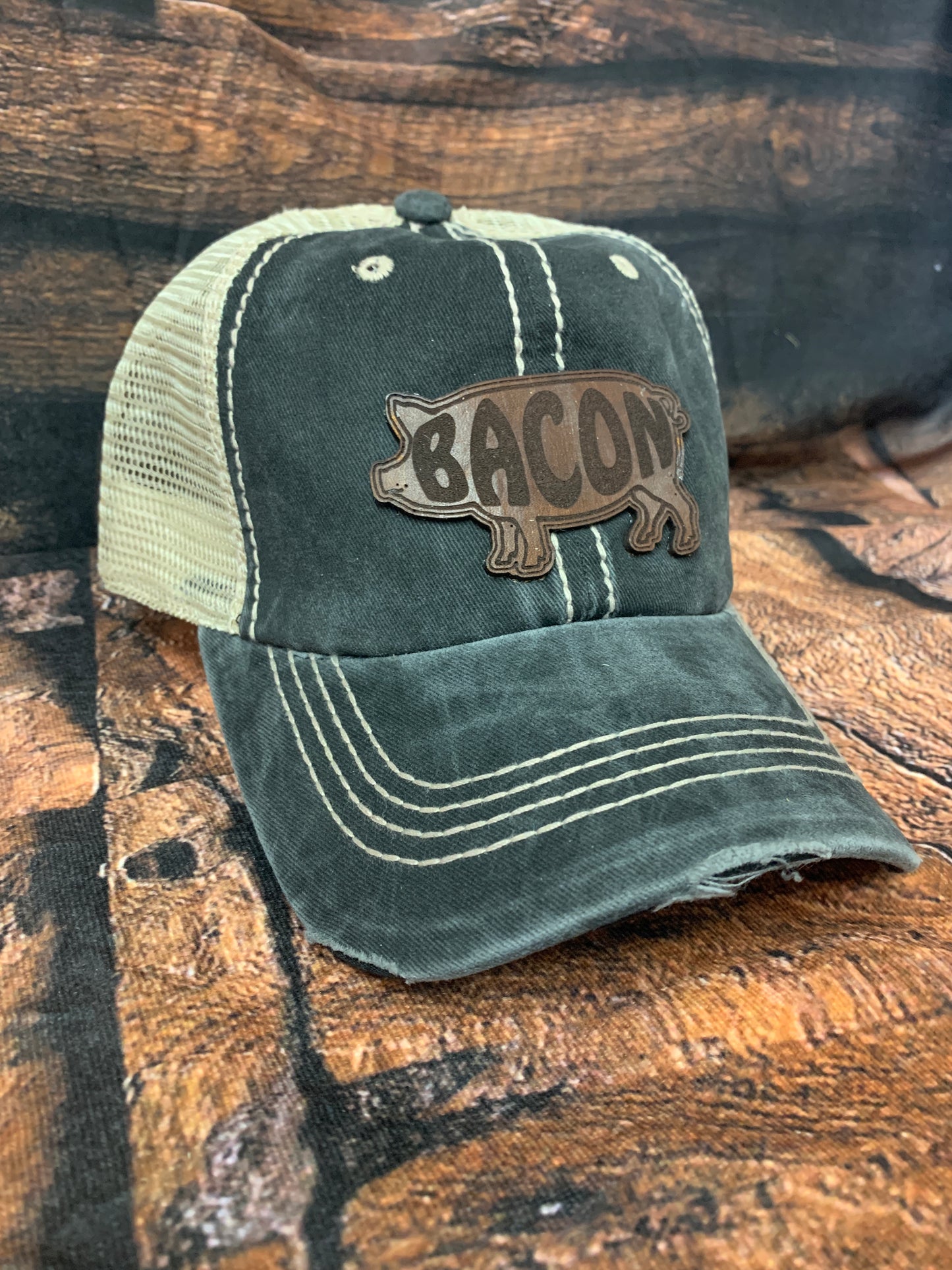 Men's Genuine Leather "Bacon" Patch Distressed Fabric Trucker Hat