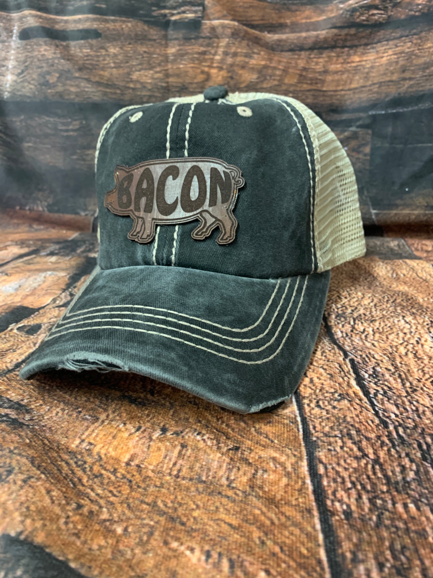 Men's Genuine Leather "Bacon" Patch Distressed Fabric Trucker Hat