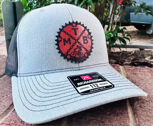 Mountain Bike Leather Patch Hat – Richardson 112 Trucker Cap – MTB Gift for Dad or Trail Rider