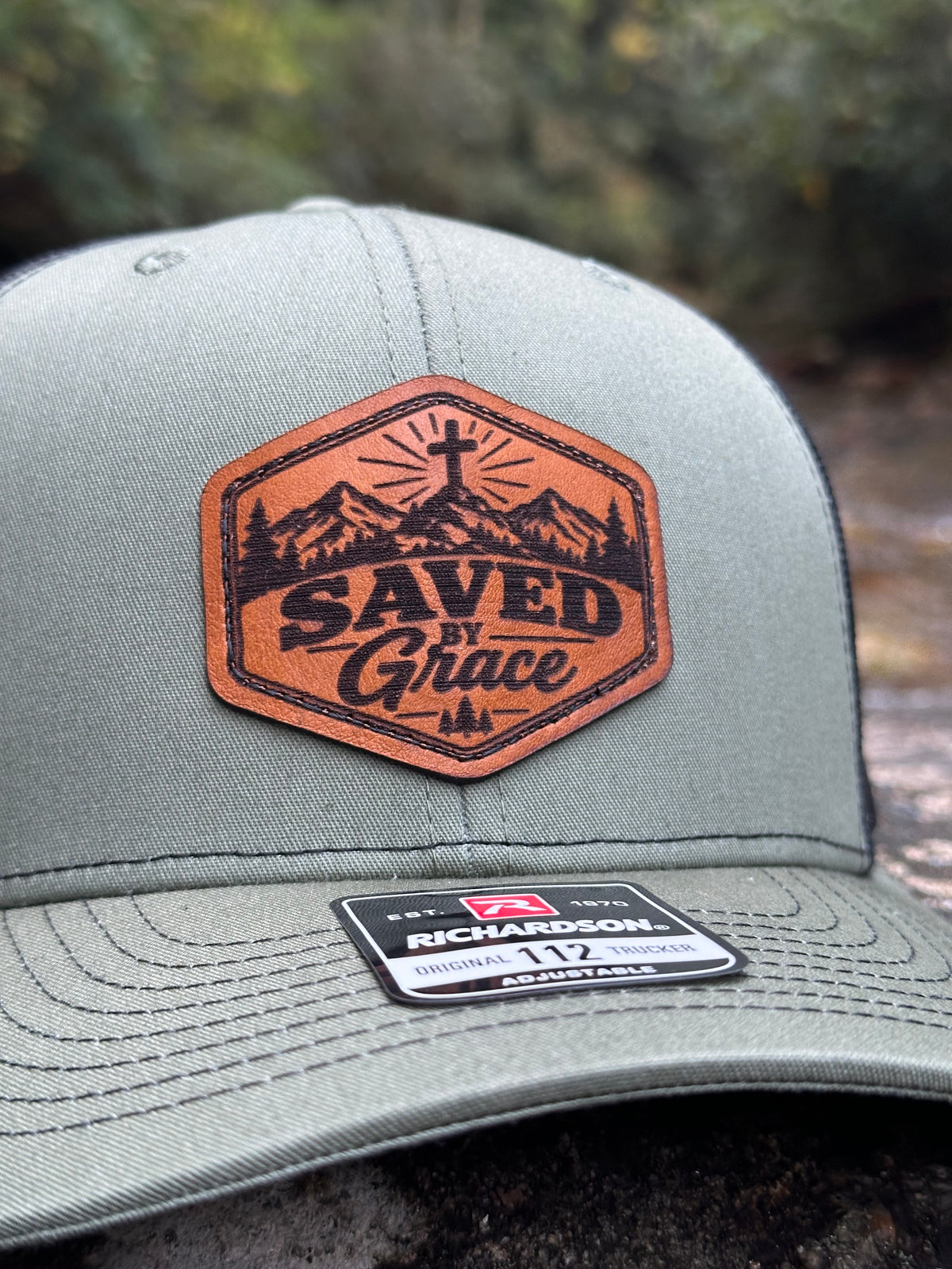 Saved by Grace Leather Patch Hat | Christian Trucker Hat