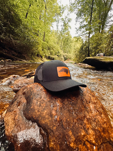 North Carolina Leather Patch Hat - NC Leather Patch hat - North Carolina Mountain Scene Leather Patch Hat  – NC Outdoors Gift for Him