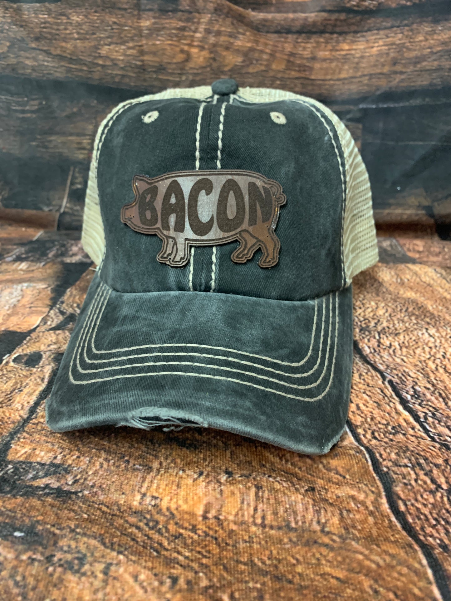 Men's Genuine Leather "Bacon" Patch Distressed Fabric Trucker Hat